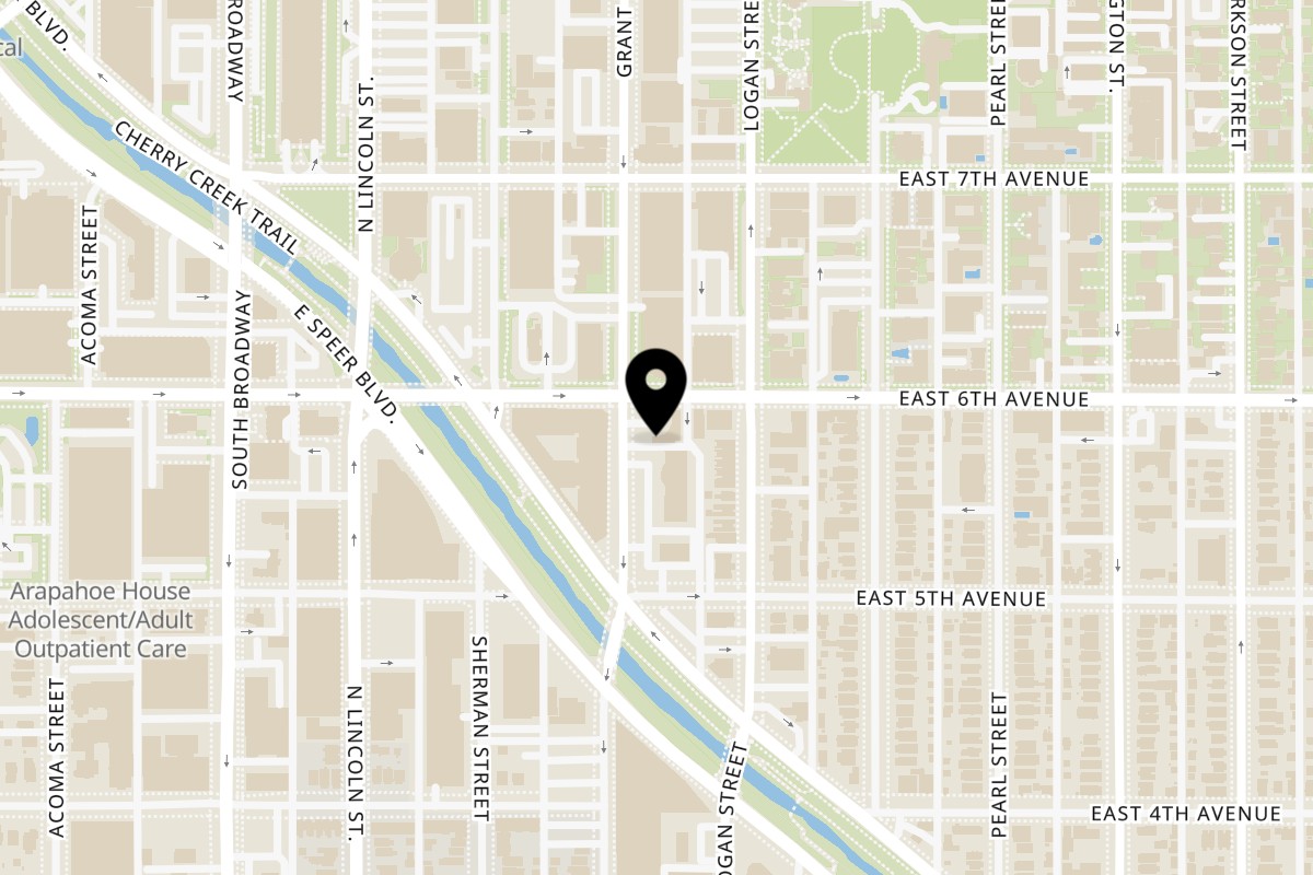 Map showing the location of lil Coffea Shop 6th Ave on 300 E 6th Ave #5 in Denver